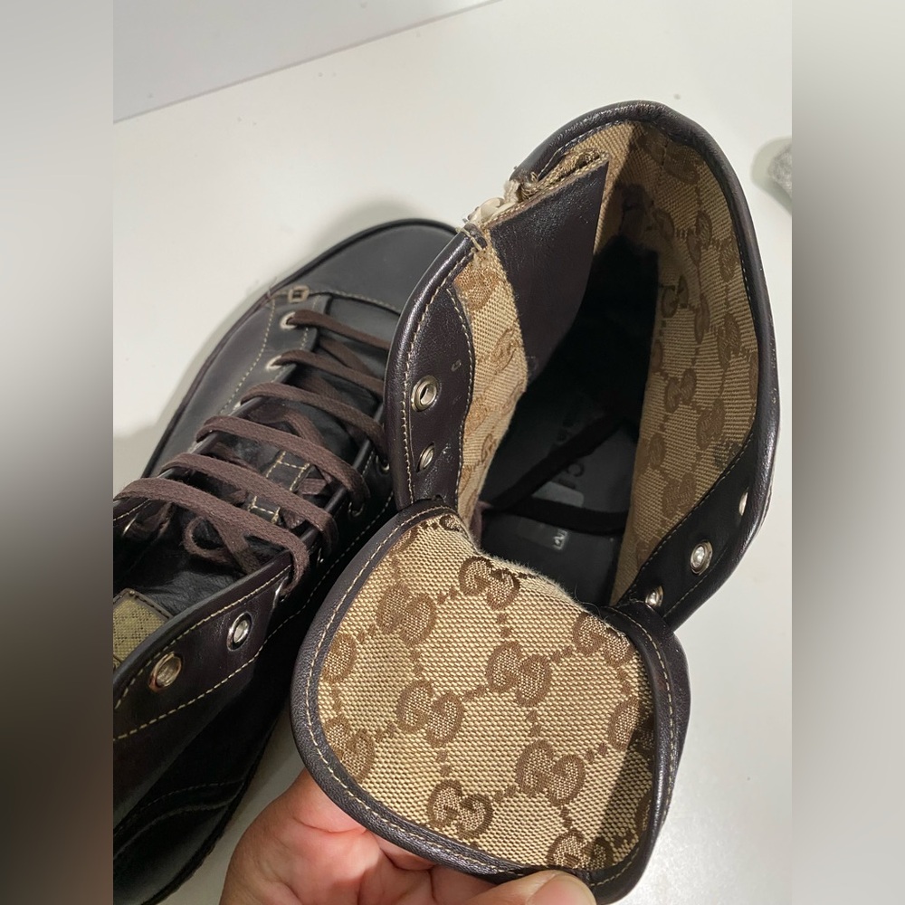 Gucci PRAGA Cocoa GG Logo Lace Up Zip Ankle Sneakers Size 8 Monogram - Picture 8 of 9